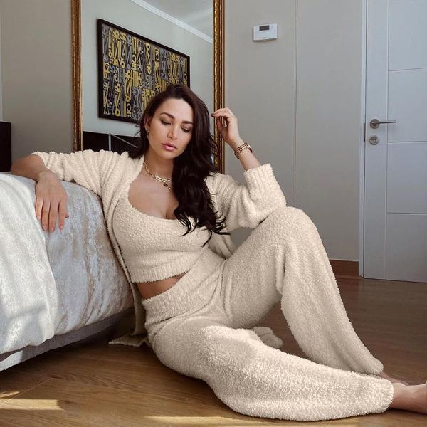 

new autumn and winter women's casual fashion plush lace-up long cardigan with belt bathrobe home service a three-piece, Black;red