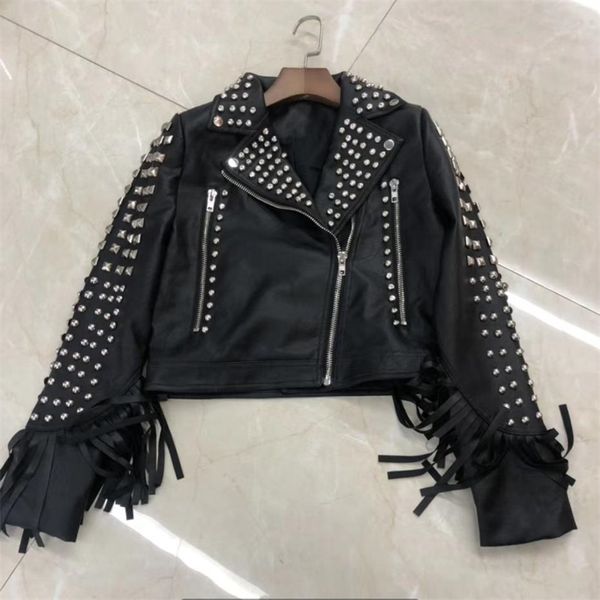 

rivet beading soft pu leather coats women tassel stitching pu leather jacket punk rock cropped jackets faux leather coat f2190 201020, Black