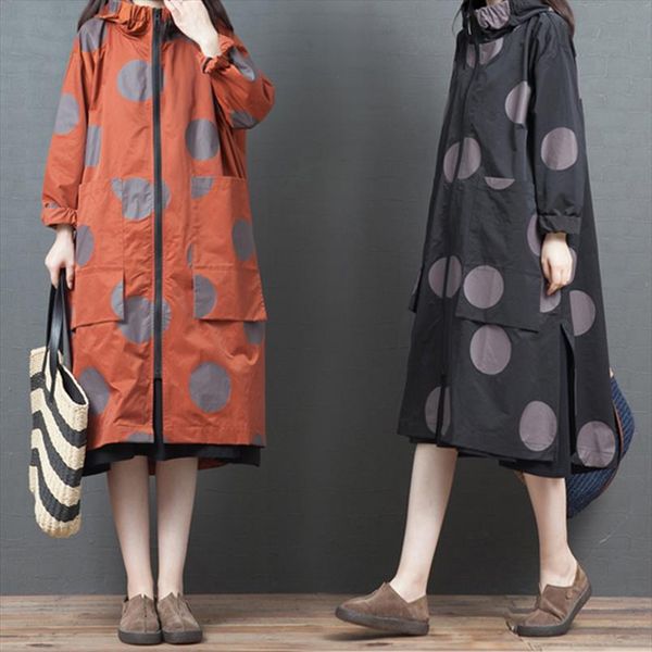 

loose plus size trench coat female spring autumn printing mid length hooded dot zipper design skirt type windbreaker women z76, Tan;black