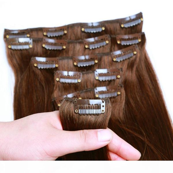 

brazilian human clips in hair extensions straight weft natural black color brown color options 160g 10pieces set, dhl