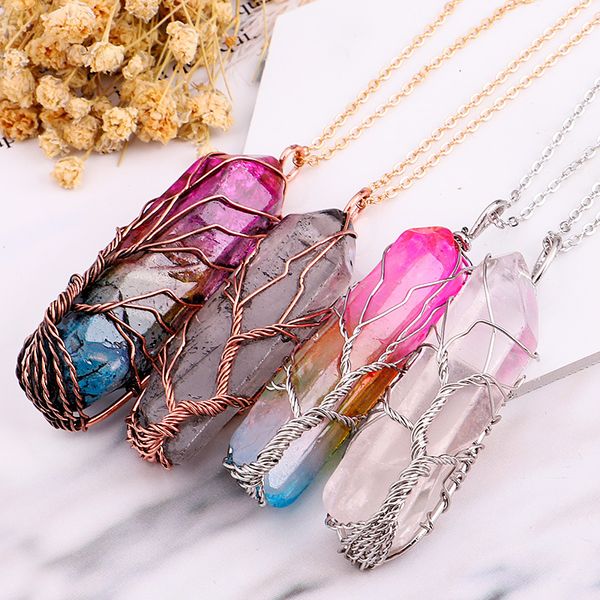

tree healing hexagon stone shape point chakra natural of life pendants necklaces with gold chain for women jewelry gift