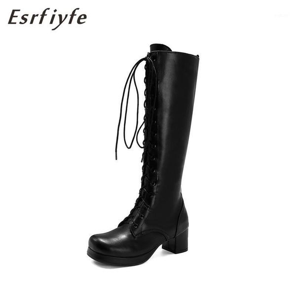 

esrfiyfe 2020 new knee high boots women lace up high heels round toe platform boots autumn winter shoes ladies big size 34-481, Black