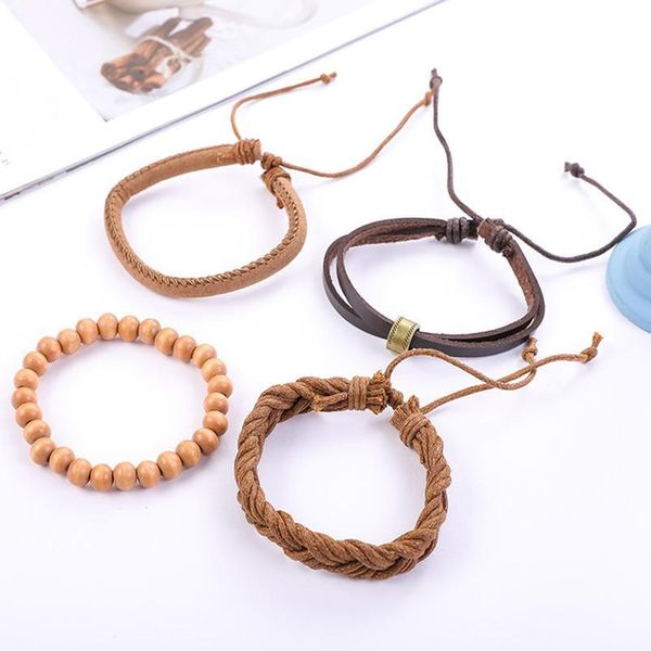 

eif dock ethnic 4 pcs/set wood beads charm handmade woven men leather bracelets women vintage bangle male homme jewelry jllqzm