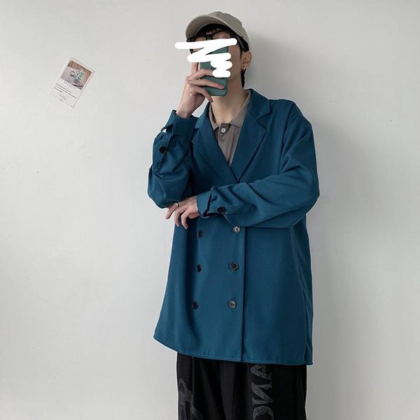 

2020 spring and autumn new youth popular loose double-breasted long-sleeved shirt body casual solid color coat jacket black/blue, White;black