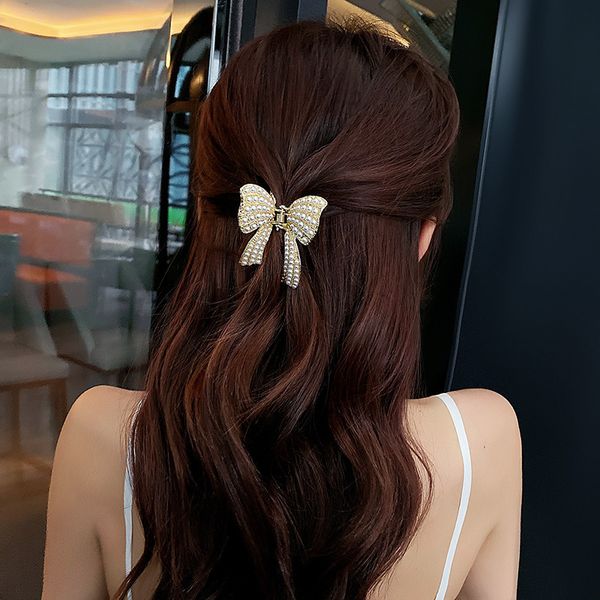 

korean bowknot ornament pearl hair clip, White;black