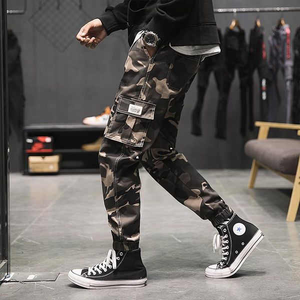 

mens cargo pants men 2020 new pleated casual joggers sweatpants fashions wide leg pants baggy camouflage for men, Black