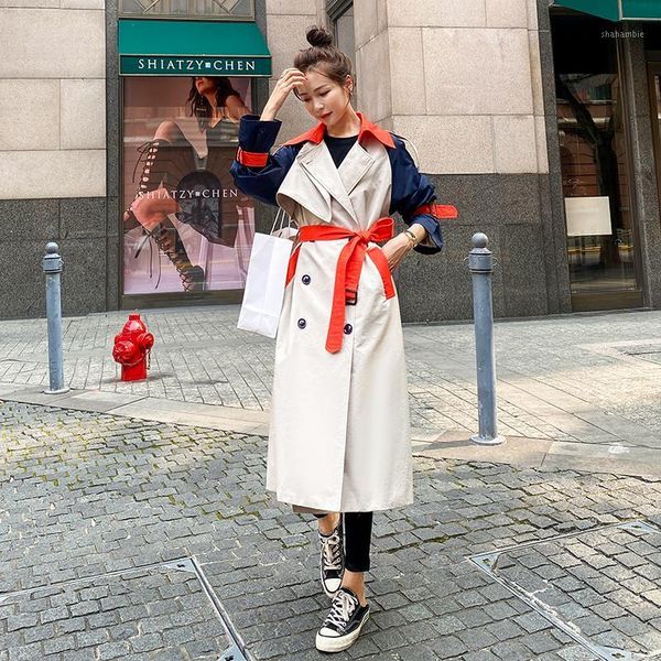 

windbreaker female 2020 design stitching color contrast mid-length spring autumn fashion coat new casual women's trench coat a681, Tan;black