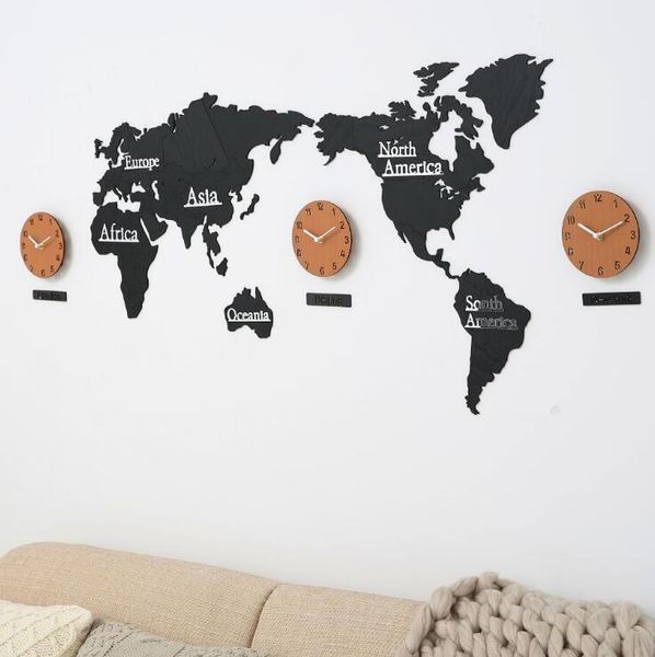 Mapa do mundo de madeira relógio de parede mapa 3d design decorativo decoração moderna europeia estilo redondo não ticking silencioso relógio de parede zyy426