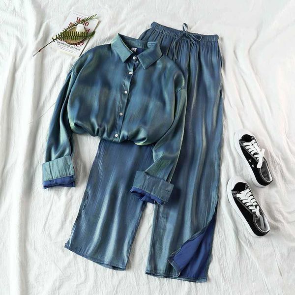

2020 new summer/autumn suits female fashion super fire mermaid ji casual wild long-sleeved shirt with leg nine pants suit1, Gray