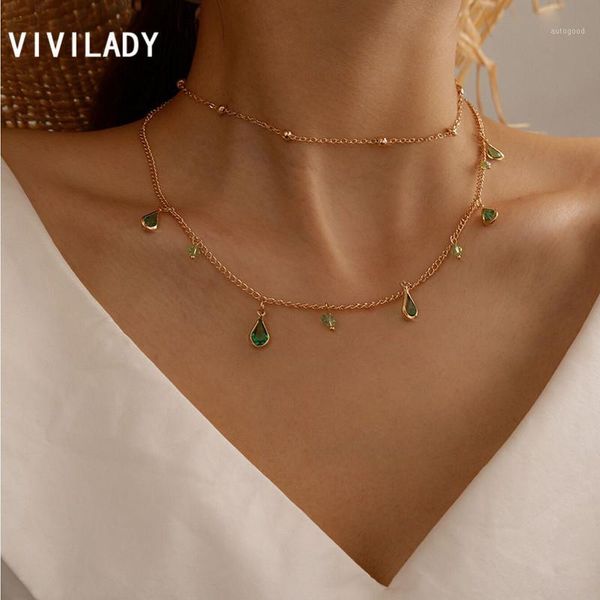 

chokers vivilady double layer round bead chain chic geometric green color water drop imitation crystal tassel women choker necklace1, Golden;silver