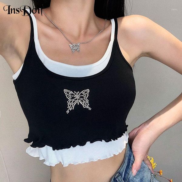 

insdoit harajuku vintage black white camis gothic punk two pieces patchwork camis streetwear casual sleeveless crop 1