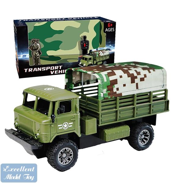 EMT TK2 Telecomando 4 Canali Giocattolo Camion Militare Fuoristrada, Transporter Luci a LED Luminose Capannone Staccabile, Regalo di Compleanno per Bambini di Natale