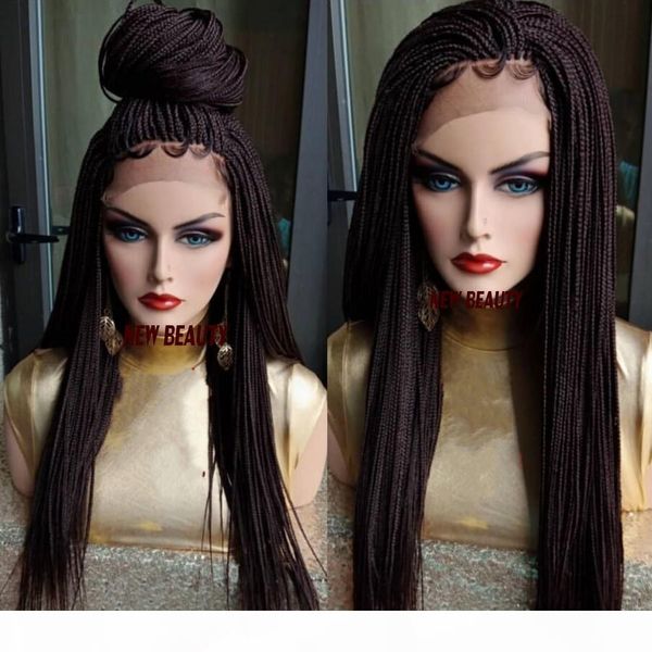 

dark brown box braids wigs with baby hair heat resistant braiding synthetic lace front wig fiber braided wigs for women, Black