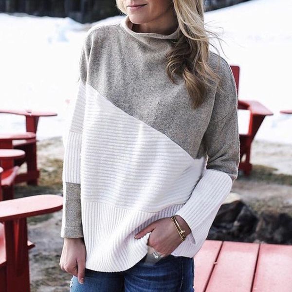 

women's sweaters color patchwork women long sleeve turtleneck casual baggy knitted clothes autumn winter ladies jumper pullovers, White;black