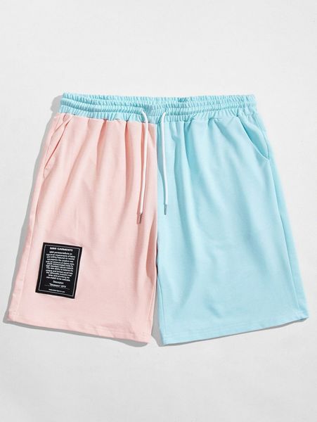 

men two tone patched drawstring waist track shorts s2cn#, Black