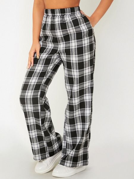 

petite elastic waist tartan pants q6cf#, Black;white