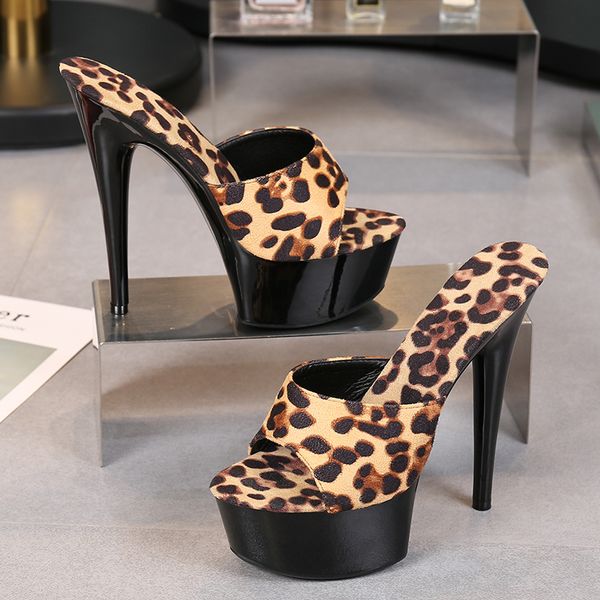 

leopard printing woman sandals platform 2020 nightclub in stilettos 15cm slippers dwaterproof heels deep water exbb, Black