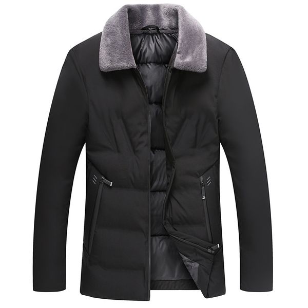 

middle aged men's jacket with wool collar, short detachable hat in winter, down cotton padded jacket, casual coat, father's, Black