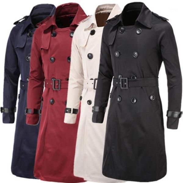 

men trenchcoat british style classic trench coat jacket double breasted long slim outwear adjustable belt leather sleeve belt1, Tan;black