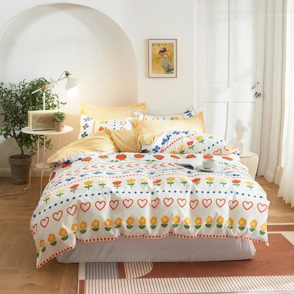 

sweet yellow small fresh100% polyester bedding set duvet cover fitted sheet pillowcases bedlinen for girls bedroom decor1