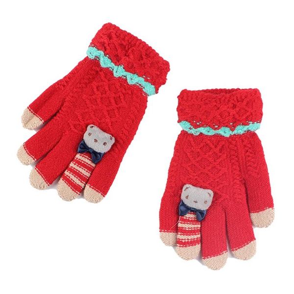 

winter kids gloves warm knitted full finger thick mittens with bear bow cartoon gloves children 4-8 years, Blue;gray
