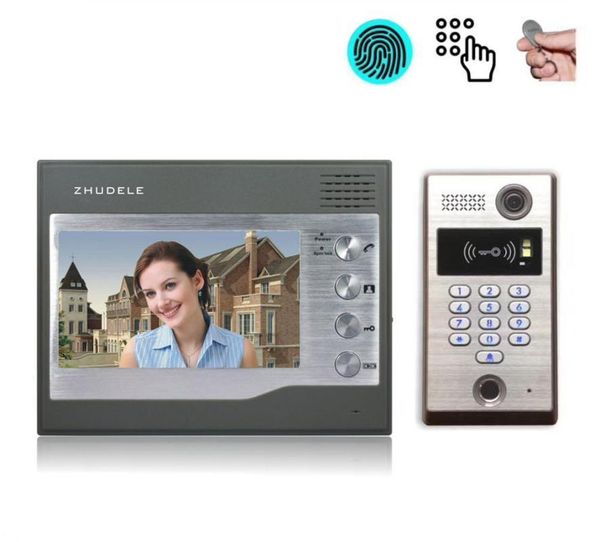 

zhudele home security audio doorbell /video door phone 7"display screen+700tvl ccd camera fingerprint/id card/password unlock1