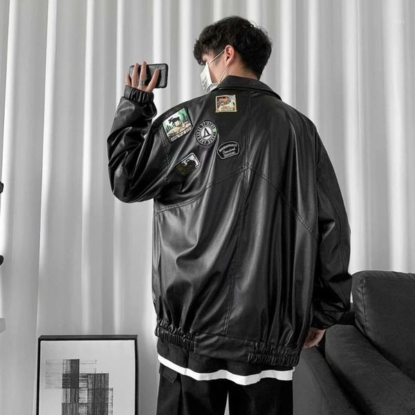 

2020 men's loose baseball outerwear pu leather trench clothing russian motorcycle jacket loose hip hop style coat size s-xl1, Black