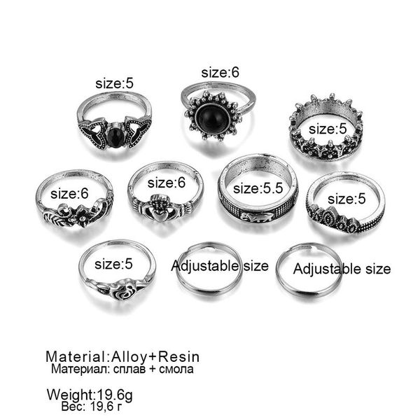 

vienkim 10 шт. / набор богемия кольца установить серебряный цвет слон роз цветок сердце корона вырезанные кольца кольцо для женщин ювелирные, Golden;silver