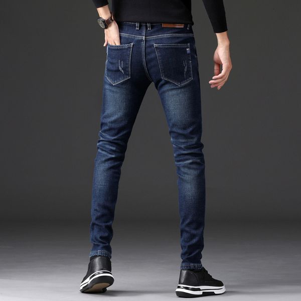 

autumn and winter 2020 jeans slim fit small feet korean trend elastic casual men's versatile pants, Blue