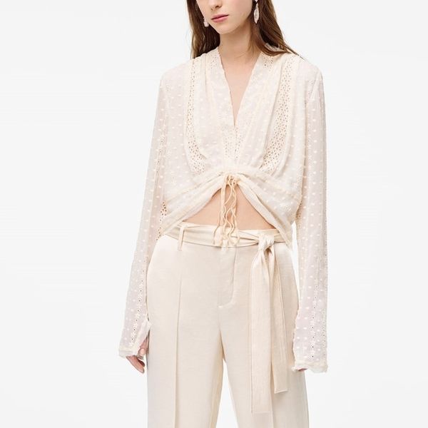 

za embroidered cropped openwork shirt women long sleeve slit cuff summer shirts adjustable tie waist side button blouse y200828, White