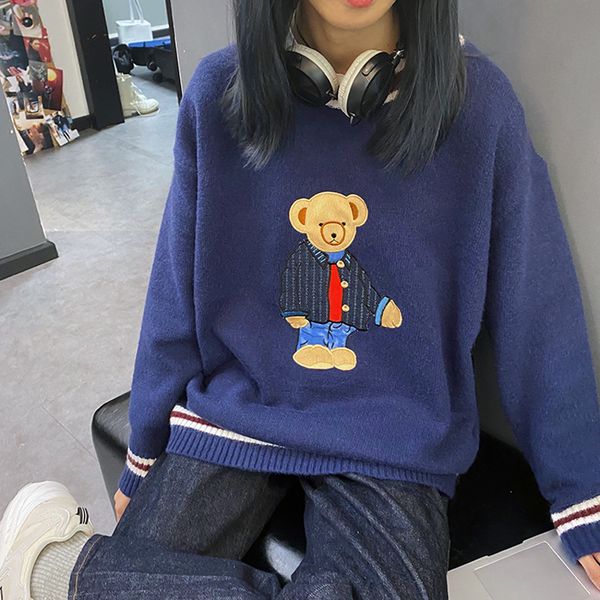 

2021 novo outono feminina estilo universitrio harajuku padro dos desenhos animados solta camisola de malha bonito 312o, White;black