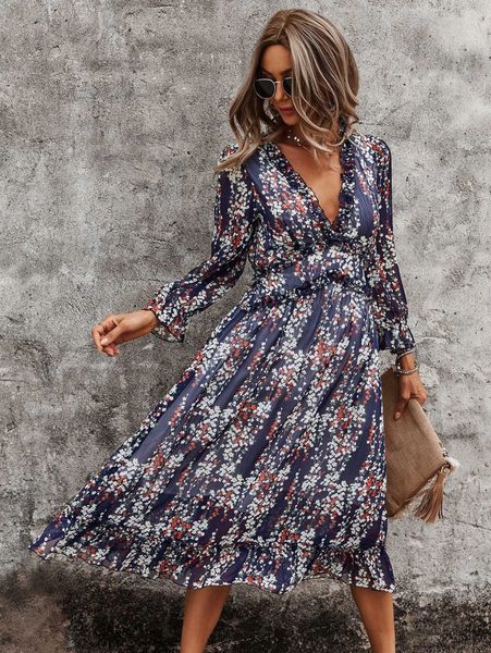 

ditsy floral print deep v-neck ruffle hem dress j69p#, Black;gray