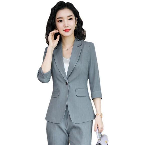 

2021 sping business women pant suit formal half sleeve slim interview blazer and trousers office ladies plus size work wear, White