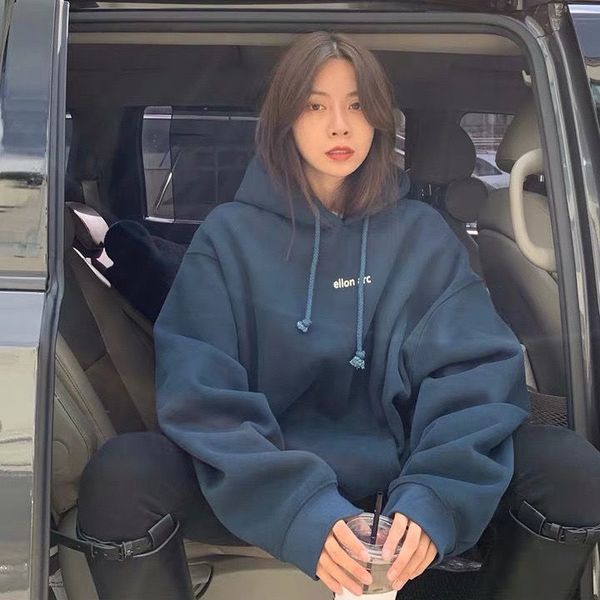 

100% cotton hooded sweater women autumn winter thickened plush 2020 new fashion loose korean bf lazy coat, Black