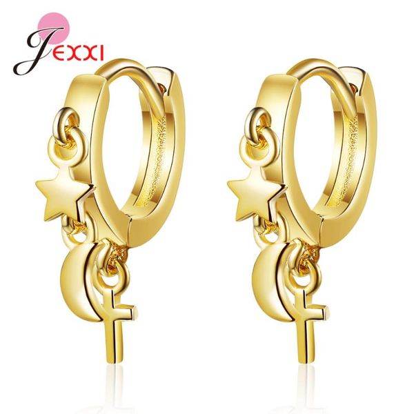 

hoop & huggie 100% 925 sterling silver star moon earring for women girls selling huggies earrings, Golden;silver