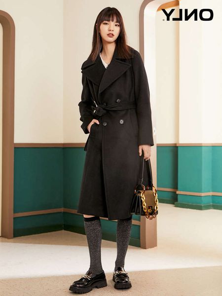 

1only2020 winter new loose lace up wool medium long woolen overcoat women's 12036u00318uy, Black