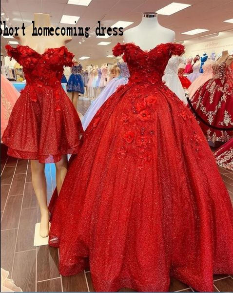 2022 Glitter Tulle Homecoming Vestidos Prom Comprimento Feito à mão Flores Fora do Ombro Cocktail Festa Curto Quinceanera Vestido Doce 16 Vestidos Mini