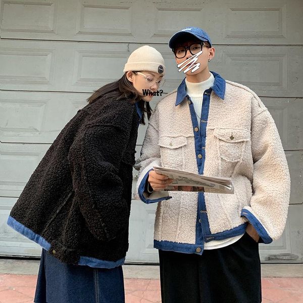 

winter thick lamb wool jacket men's warmth fashion casual retro couple coat loose korean short coat mens clothes m-2xl, Black