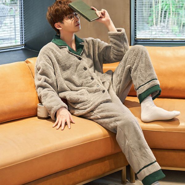 

winter men casual kimono bathrobe thick warm flannel long robe sleepwear plus size loose nightgown male solid nightwear homewear, Black;brown