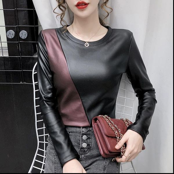 

2021 autumn winter long sleeve womens blouse patchwork colors plus size shirt women elastic warm velvet pu leather female, White