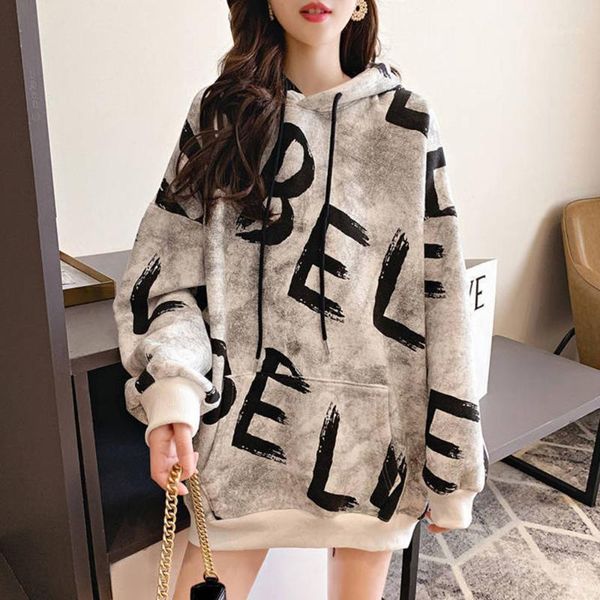

hoodie print letter pattern pullover long sleeve inelastic mid-length single hooded neckline loose model1, Black