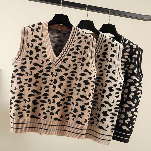 

women's vests v-neck leopard print knitted pullovers vest women loose spring stripe sleeveless sweater female korean style waistcoat, Black;white