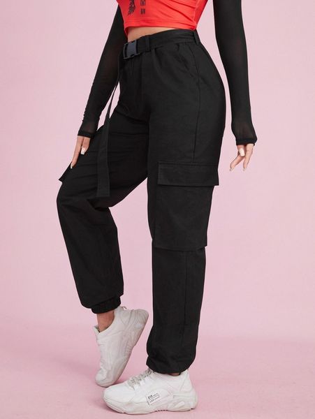 

flap pocket high waist belted pants z0vn#, Black;white