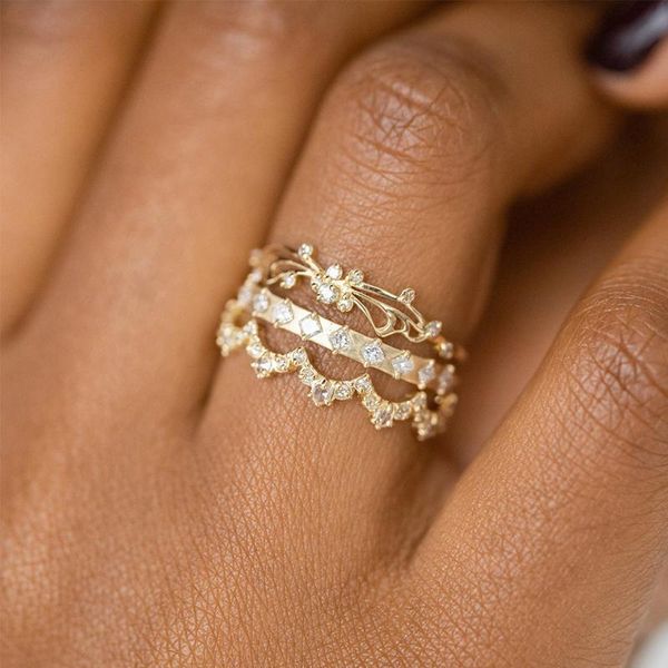 

wedding rings 3 pcs/set crown women's inlaid micro pave cubic zircon flower female gold color engagement party jewelry gifts, Slivery;golden