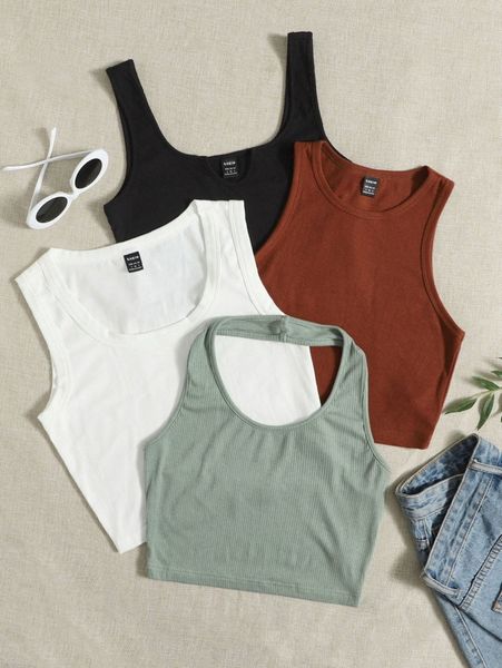 

4pcs notched neck ribbed knit tank & halter r1ih#, White