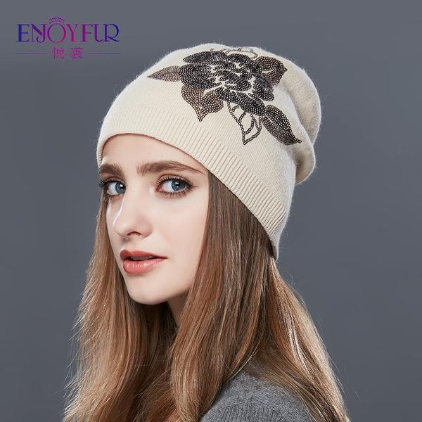 

beanie/skull caps enjoyfur sequins embroidery knitted hat female floral wool winter hats women's cashmere gravity falls cap girl autumn, Blue;gray