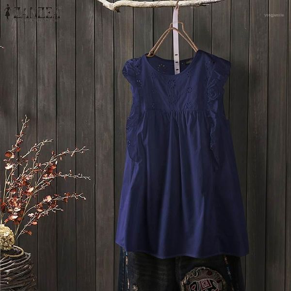 

zanzea summer tanks women sleeveless blouse casual o neck hollow out ruffles blusas solid shirt tunic plus size robe tunic1, White