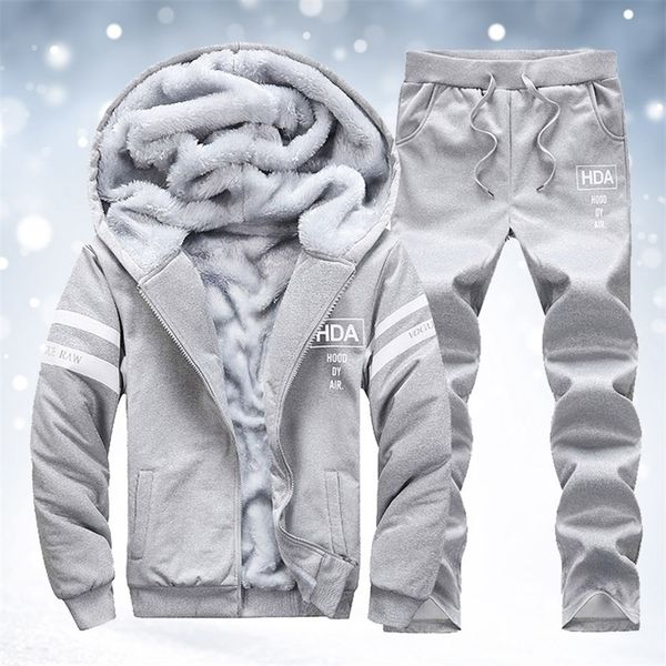 

men's winter warm sporting fleece lined hoodie and sweatpant set male casual tracksuit men 2 piece sweatshirt + sweatpants set 201109, Gray