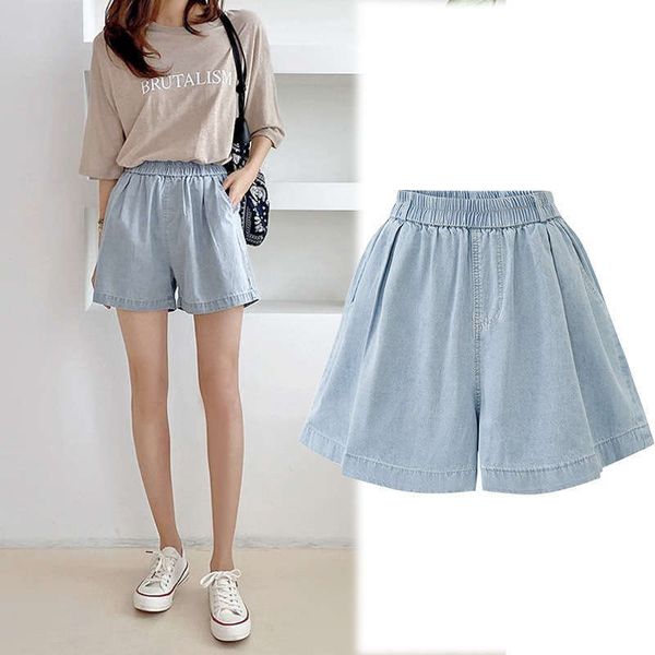 

tencel jeans shorts women's summer new elastic high waist loose thin wide leg versatile light blue casual pants