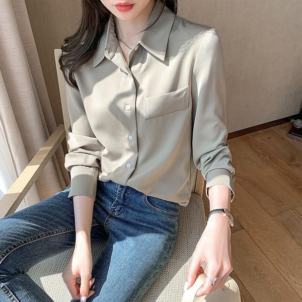 

high-end temperament satin blouse women spring long sleeve button up shirt office work ladies all-match chiffon and blouses, White